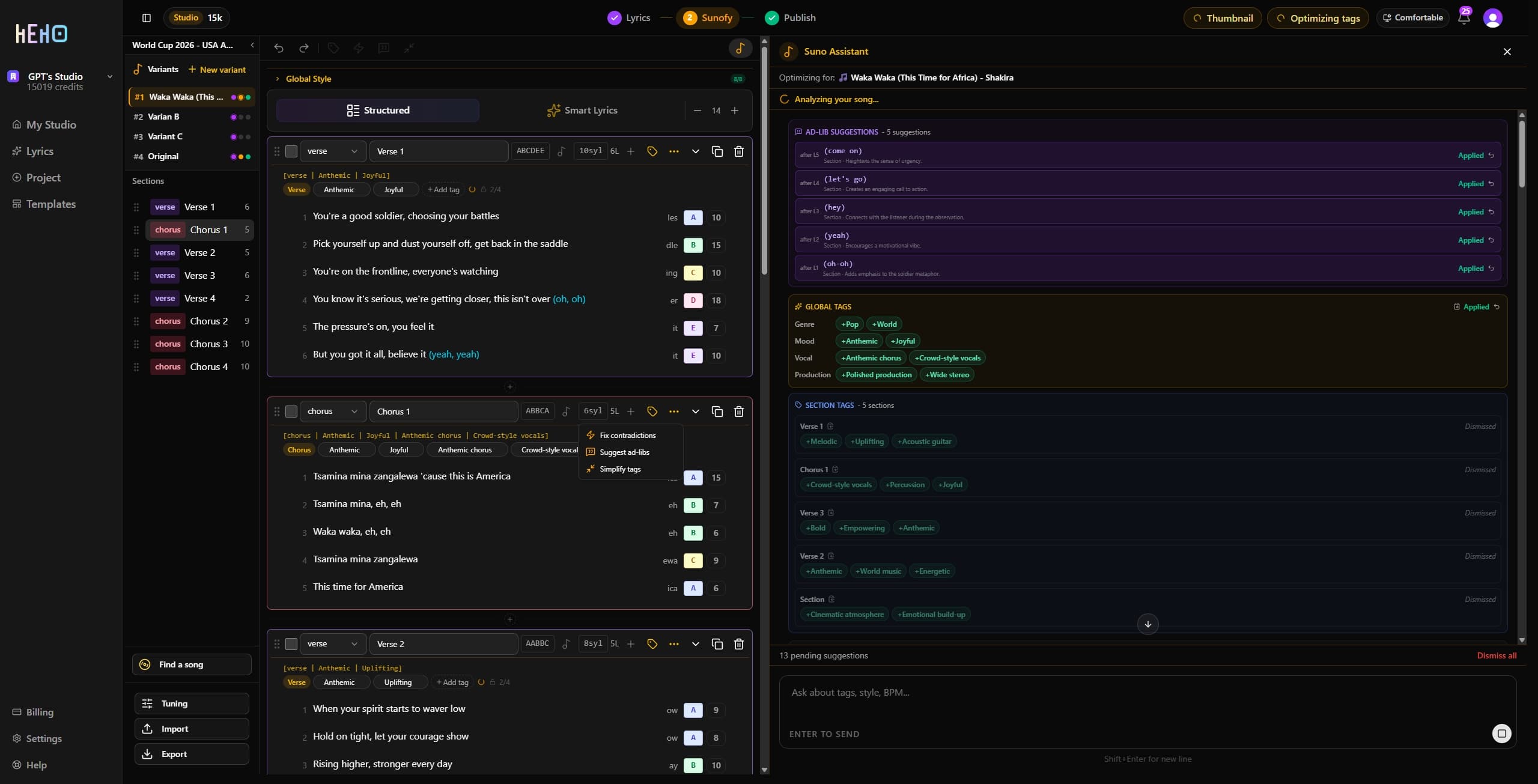 Screenshot of the Suno variant and tagging workflow