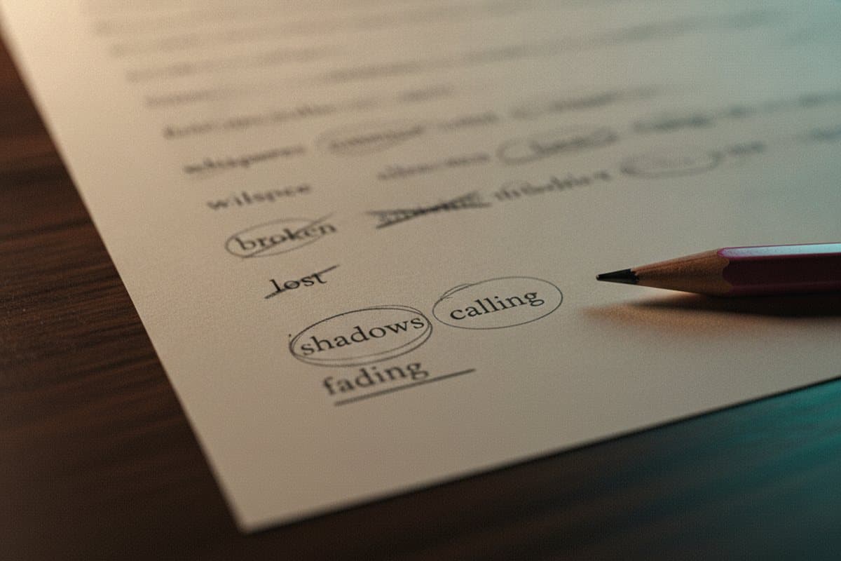 A printed lyric sheet on a dark desk with a pencil resting on it, and the words shadows, calling, fading, broken and lost circled or struck through by hand.