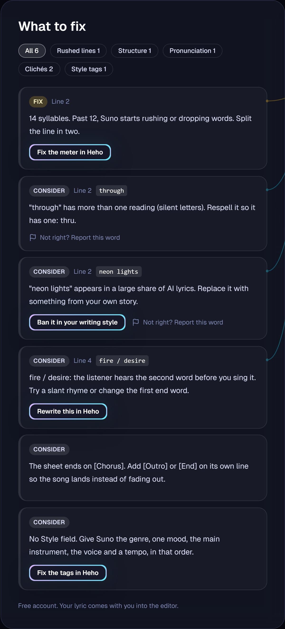 Six findings across rushed lines, structure, pronunciation, cliches and Style tags, each naming the line it belongs to.